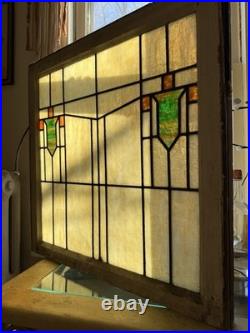 Beautiful Large Stained Glass Vintage Window Pane Yellow, Green, And Orange