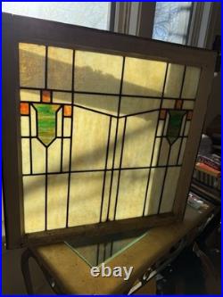 Beautiful Large Stained Glass Vintage Window Pane Yellow, Green, And Orange