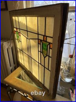 Beautiful Large Stained Glass Vintage Window Pane Yellow, Green, And Orange
