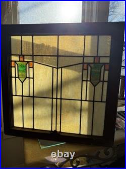Beautiful Large Stained Glass Vintage Window Pane Yellow, Green, And Orange