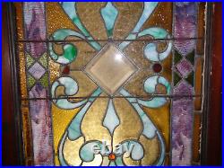 Beautiful Original Leaded Glass Tiffany Era Window With Great Glass & Jewels