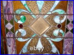 Beautiful Original Leaded Glass Tiffany Era Window With Great Glass & Jewels