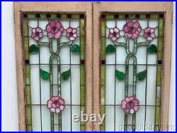 Beautiful Pair of Antique Stained Leaded Glass Cabinet Doors / Windows c. 1900