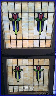 Beautiful Pair of Tulip Stain Leaded Stained Glass Window 24 wide x 22 3/4