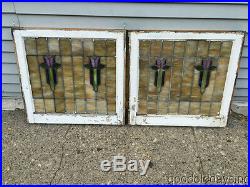 Beautiful Pair of Tulip Stain Leaded Stained Glass Window 24 wide x 22 3/4