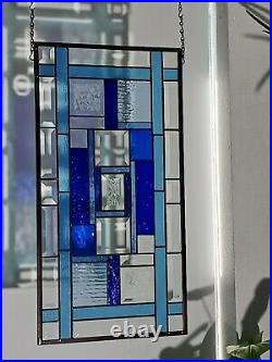 Beveled Blue Brilliance Stained Glass Panel 23 1/2 x 12 3/8 Window Hanging