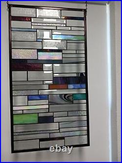 Beveled Iridized Modern Stained Glass Panel 28 5/8 x 15 5/8