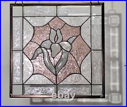 Beveled Iris stained glass window panel, hanging rose pink, clear art 16 5/8 x