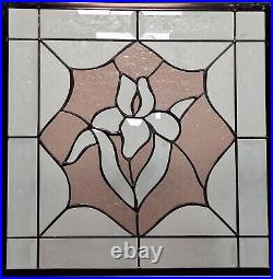 Beveled Iris stained glass window panel, hanging rose pink, clear art 16 5/8 x