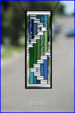 Beveled Stained Glass Window Panel, Ready to Hang 19 1/2 X 7 1/2