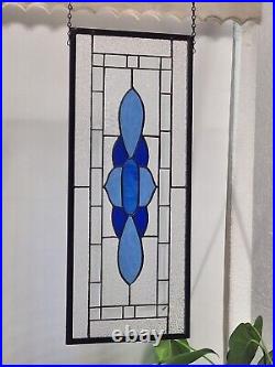 Blue, Tiffany Style, Stained Glass Window Hanging 20 3/4x 10 3/4 Bevels