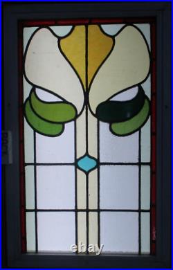 COLORFUL ABSTRACT MIDSIZE ENGLISH LEADED STAINED GLASS WINDOW 32 1/4 x 20 1/4