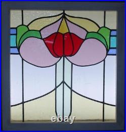 COLORFUL FLORAL MIDSIZE OLD ENGLISH LEADED STAINED GLASS WINDOW 23 x 23 3/4