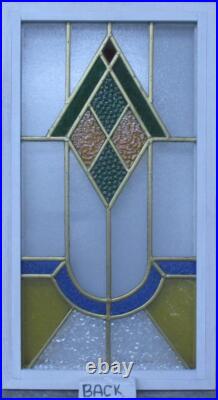 COLORFUL GEOMETRIC MIDSIZE OLD ENGLISH LEADED STAINED GLASS WINDOW 15 1/2 x 28