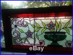 C. 1890's VICTORIAN LEADED & JEWELED STAINED GLASS TRANSOM WINDOW 46 x 19 ANTIQUE