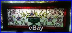 C. 1890's VICTORIAN LEADED & JEWELED STAINED GLASS TRANSOM WINDOW 46 x 19 ANTIQUE