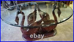 Carved Cherry Wood SWAN Dining Room Table Lead Glass Top 4'x 5' Large Oval Ducks