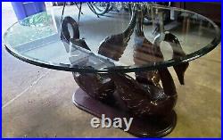 Carved Cherry Wood SWAN Dining Room Table Lead Glass Top 4'x 5' Large Oval Ducks