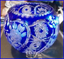 Cobalt Rose Bowl Blue Cut to Clear Fairy Vase, Lead Crystal European Round