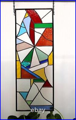 Colorful Stained Glass Panel, Window Hanging 22 1/2x8 3/8