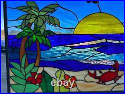 Crab, Palm Tree, And Sunset Leaded Stained Glass Suncatcher or Panel with Hooks
