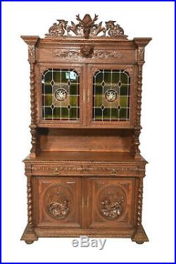 Dazzling French Hunt Cabinet, Leaded Glass Doors, Gargoyle Carvings, 1900's