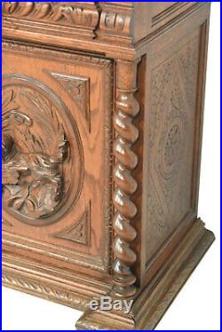 Dazzling French Hunt Cabinet, Leaded Glass Doors, Gargoyle Carvings, 1900's