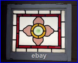 EDWARDIAN ENGLISH LEADED STAINED GLASS WINDOW Floral w Bullseye. 18.75 x 16.5