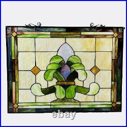 ENGLISH ARTS & CRAFTS STYLE STAINED GLASS WINDOW HANGING Fleur-de-Lis 24x18