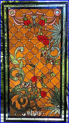 Elegant, very large, unique design, hand-made stained glass window panel