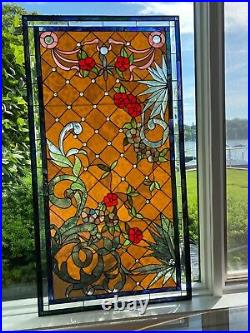 Elegant, very large, unique design, hand-made stained glass window panel