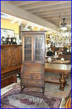 English Antique Oak Jacobean Barley Twist Leaded Glass Secretary Desk / Bookcase