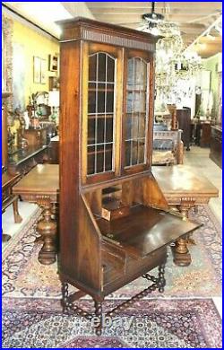 English Antique Oak Jacobean Barley Twist Leaded Glass Secretary Desk / Bookcase