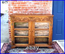 English Antique Oak Leaded Glass Bookcase / Display Cabinet