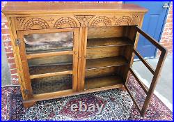 English Antique Oak Leaded Glass Bookcase / Display Cabinet