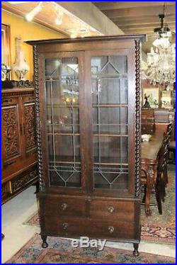 English Dark Oak Tall Jacobean Leaded Glass Bookcase / Display Cabinet
