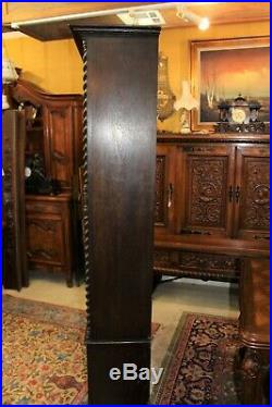 English Dark Oak Tall Jacobean Leaded Glass Bookcase / Display Cabinet