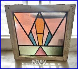 English Leaded Stained Glass Window 20 X 20.5 Antique Victorian Wood Frame Read