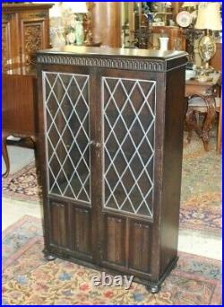 English Oak Jacobean Leaded Glass Door Bookcase / Display Cabinet