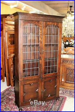 English Solid Oak Jacobean Leaded Glass Door Bookcase / Display Cabinet