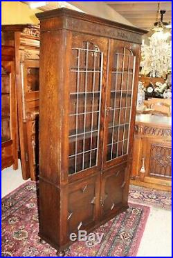 English Solid Oak Jacobean Leaded Glass Door Bookcase / Display Cabinet