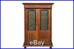 Exceptional Antique Belgian Leaded Glass Bookcase, 1900-20's
