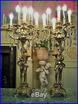 Exquist Pair Of French Cherub Brass Candelabra Dressed In Leaded Crystal