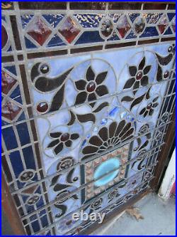 Extraordinary Antique Stained Glass Window With 75 Jewels 36 X 47 Salvage