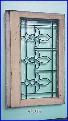 FULLY BEVELED ANTIQUE LEADED GLASS TRANSOM WINDOW, FLEUR DE LIS, 1920s PHILA PA