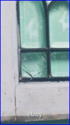FULLY BEVELED ANTIQUE LEADED GLASS TRANSOM WINDOW, FLEUR DE LIS, 1920s PHILA PA