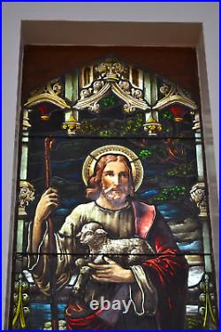 + Fine Antique Stained Glass Window of Jesus, The Good Shepherd + 91 ht. (ML6)
