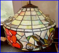 Fine antique peony flower leaded stained glass lamp with cast iron base