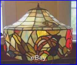 Fine antique peony flower leaded stained glass lamp with cast iron base