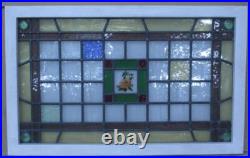 GEOMETRIC HAND PAINTED ENGLISH LEADED STAINED GLASS WINDOW TRANSOM 31 3/4 x 20